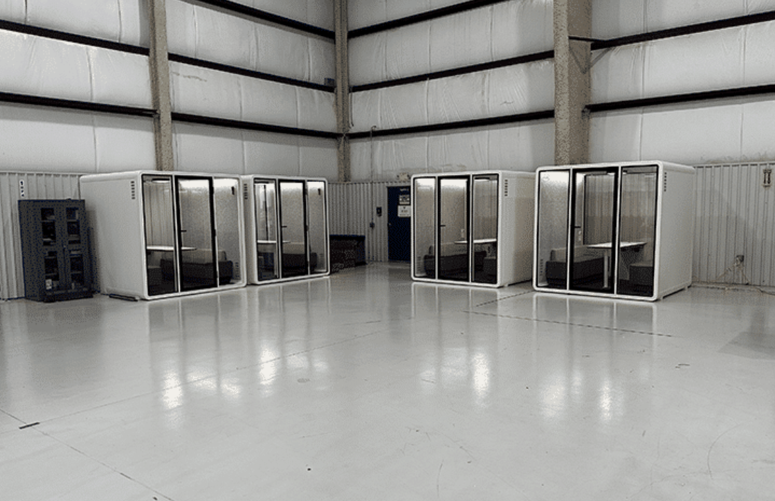 Venus Aerospace: focus space inside a rocket hangar phone booths / meeting pods project in Houston, United States by Bureau